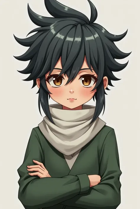  Create a boy with dark gray hair spiked .  His eyes are brown and he wears a white cloth around his neck,  green shirt with long sleeves  (Sleeve that he folds )  his hair has two locks that hide his ears ,  and a triangular fringe covering his forehead  