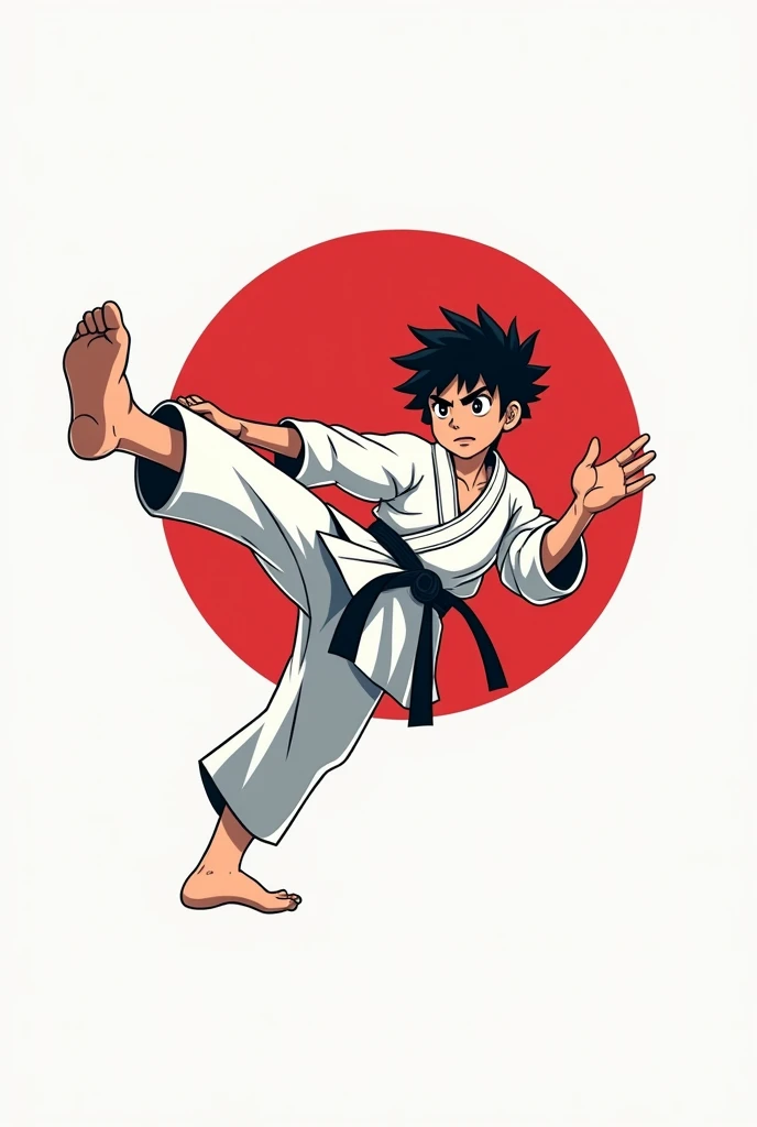 Logo of a teenager practicing karate do , that is easy to draw, with his karate suit kicking and saying Matsumura Kai Academy 