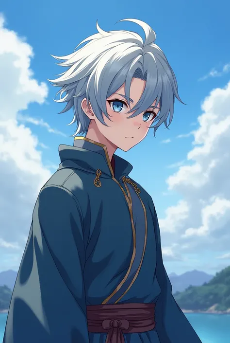 medieval man, 20 years old、 silver hair, Distinctive hairstyles、solo, Lively、  granblue fantasy、Outdoor,  Cinematic Angle , Asymmetrical hairstyle, masterpiece, Best Quality,  very aesthetic, Sky and clouds background、 ultra high resolution、Realistic、Asian...