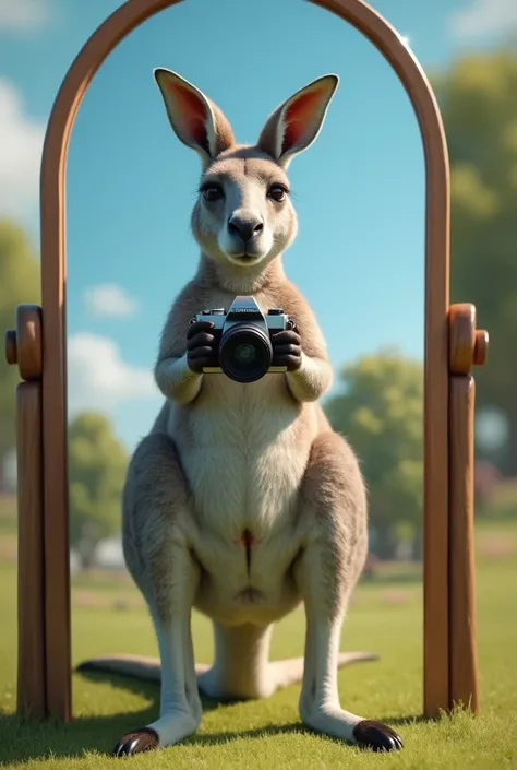 Kangaroo in the mirror taking a picture
