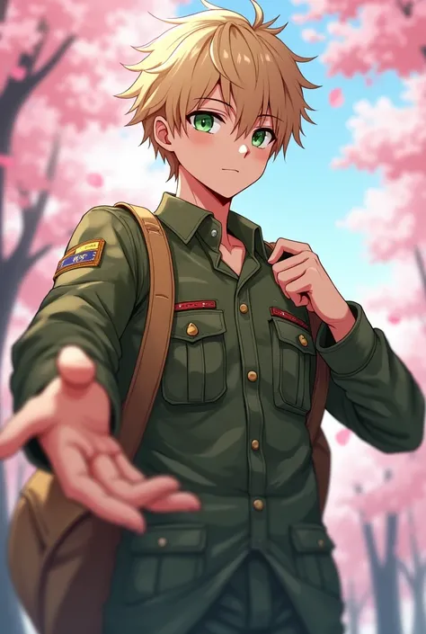 1 anime man, his body is tall and lanky and toned, his face is handsome and sensual, his mouth is set in a small smirk, his (eyes are green and half mast almost sleepy looking), he has very short, messy and mussed light blonde hair, (he is wearing military...