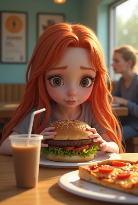 Very skinny Eva trying her first hamburger and pizza: Very skinny Eva with long red hair sits at a fast-food table, looking hesitant but hopeful as she takes her first bite of a hamburger. A slice of pizza is on a tray nearby, and a soft drink with a straw...