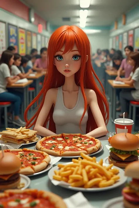  Eva eating junk food regularly: Skinny Eva with long red hair in the cafeteria with trays of pizza, fries, and burgers around her. She looks a bit tired, and her classmates glance at her but don’t seem friendly. The cafeteria is bustling with s, with post...