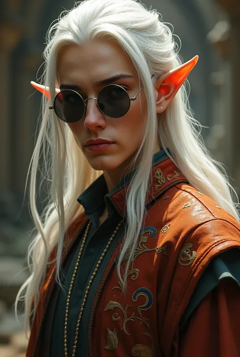 Create a slightly young man from a,75 inches tall,  with straight white hair , Using wizard clothes ,  round sunglasses , pele morena, half-elf