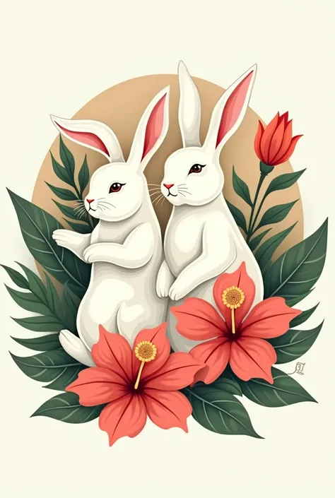 A Logo for a rabbit food company ,  with a figure or figures of rabbits and includes elements of the hibiscus flower