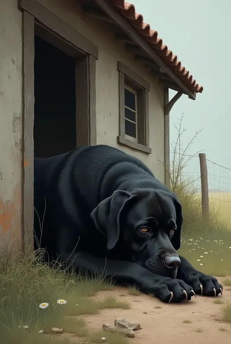 Image of a sad dog lying outside a house big black hunting dog
Art painting type 