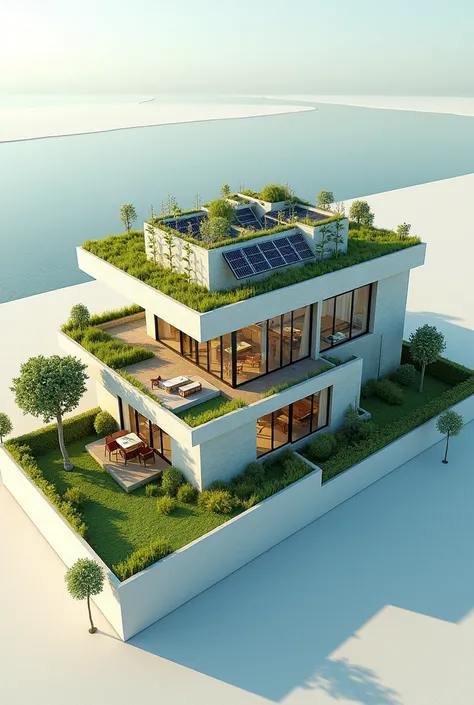 Digital Prototype in 3D Modeling Software (not., SketchUp, AutoCAD):

Create a 3D representation with the design specifications, showing the areas of solar panels, green roofs, and vertical gardens.
Include ventilation flow diagrams and water collection sc...