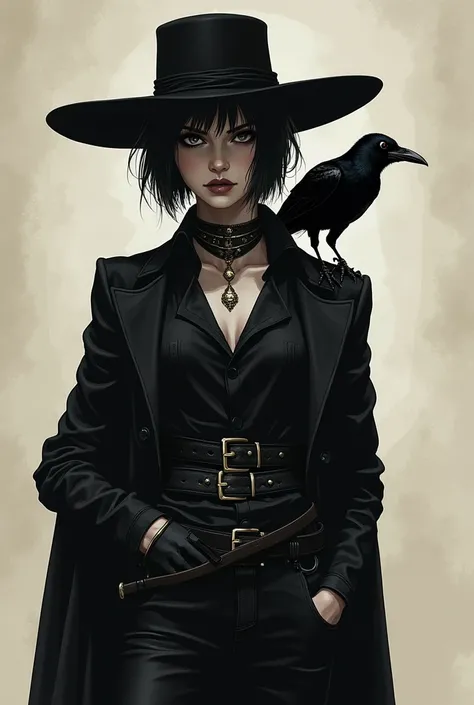 make art of my dnd original character, shes going to be a vampire hunter fully clothed in black with a big hat, she has short black hair with a tattoo on her neck of a skull, give me a gothic vibe of her and i also want a crow on her shoulder as well who l...