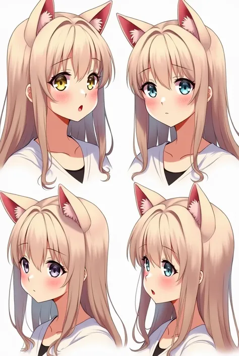 1girl, Cat Ears, Blush, Open Mouth, Simple background, Multiple Views, Anime, HD, Long Hair, 