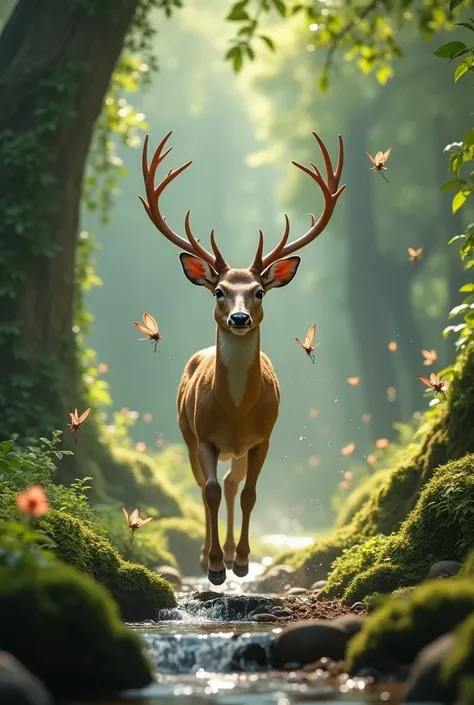  A deer runs through a fairy forest, tiny fairies are flying all around ,  Hyperrealistic, photography