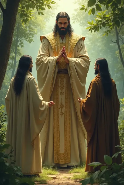 Prompt: In a lush, serene natural setting, the high priest, dressed in resplendent robes adorned with gold and intricate designs, confronts the three mystics, who appear simple and humble by contrast. The priest’s face is stern and questioning, as if he’s ...