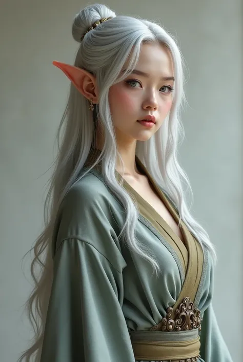  Create the image of an elf,  silver hair , HD, realistic, 4K, Taoist clothing , grayish blue eyes, 18 years old, imagem realistic,  Big breasts