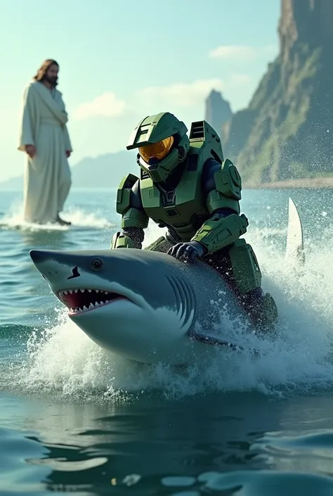 Halo Master Chief, riding a white shark fighting 150 feminists while Jesus Christ watches it