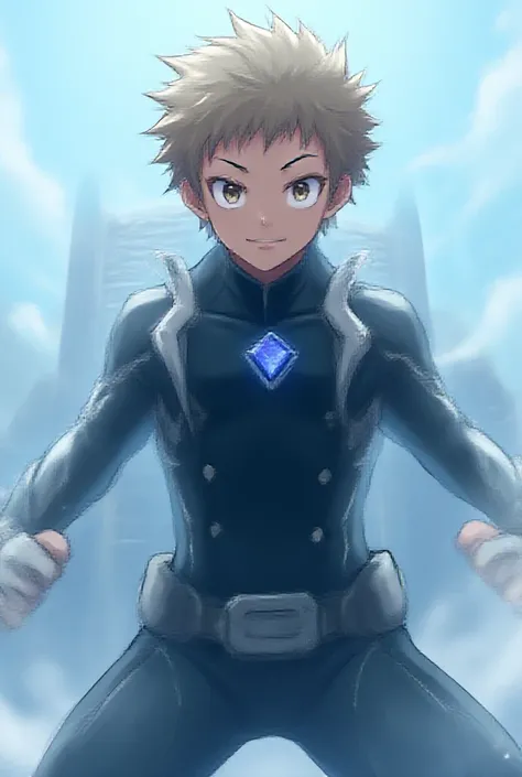   My Hero Academia style  , Anime Boy, male, young male,    full body shot ,（ Fighting pose 1   :3）    short hair, Light brown hair,    Brown Eyes   ,   small blue jewel in the center of the chest,   hero suit, Full Body Suit, black suit with white details...