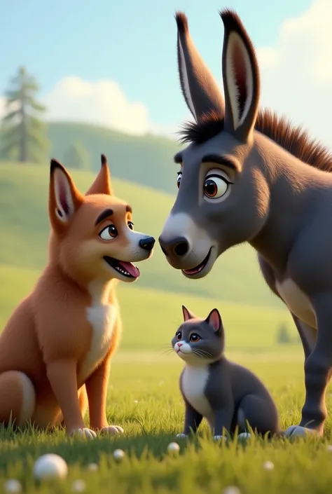 a dog talking with a donkey and a cat Realistic