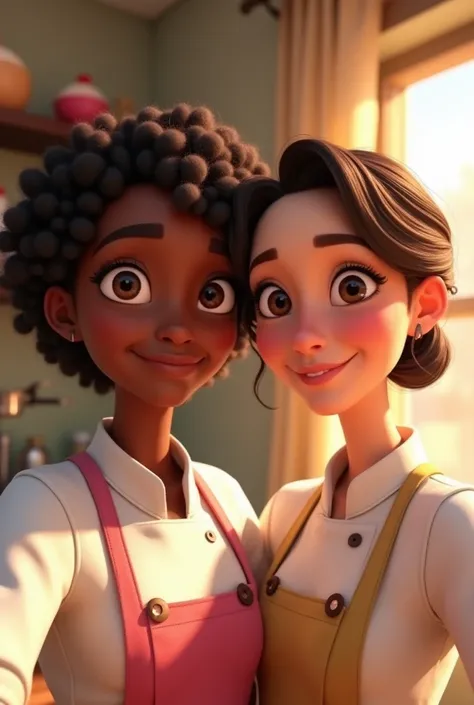 A female pastry chef , black skin, short and curly hair, And a female pastry chef , short hair, loose, plain brown , white pele,  Disney Pixar style image, selfie photo