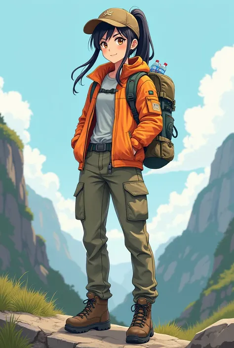  Beautiful girl with black pony tail hair , brown eyes in anime version ,  who has a waterproof jacket or windbreaker , cargo pants, hiking boots,  Hat or cap ,  Small backpack basic supplies  (Water, maps,  first aid equipment and identification ( full bo...