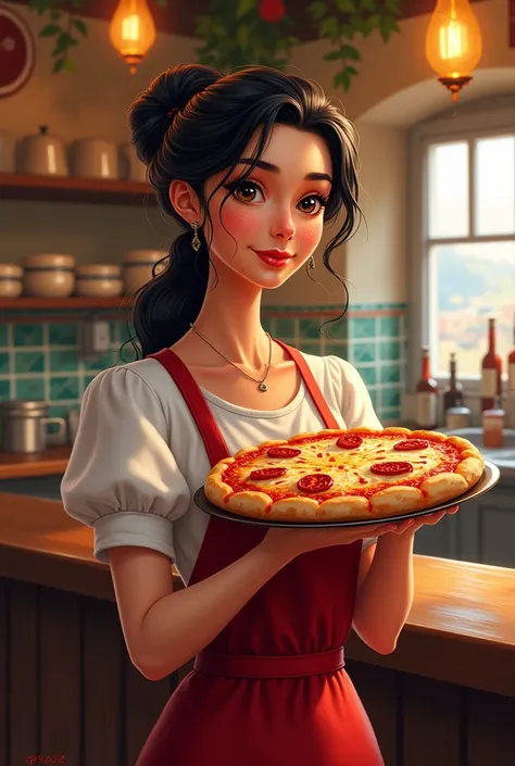 Make a salonera with a red apron and a pizza in her hand