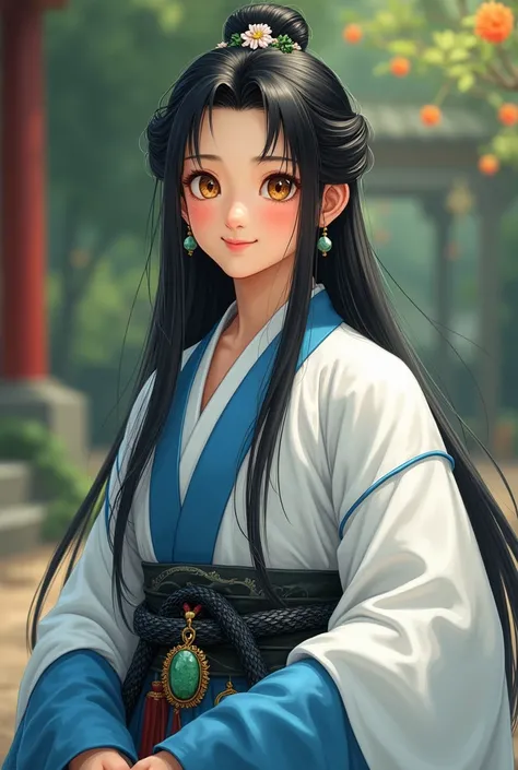 beautiful young man, round golden willow eyes, long black hair, curious gaze, friendly expression, small shy smile, small flower diadem in his head, white and blue wide sleeve hanfu, black snake skin around his waist, small green jade pendant in his waist,...