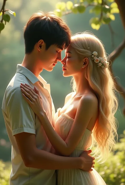  Create a realistic 3D image of a beautiful young couple in love, She is a delicate , blonde,  with light eyes and he is handsome, Korean,  looking like a rebellious boy . 