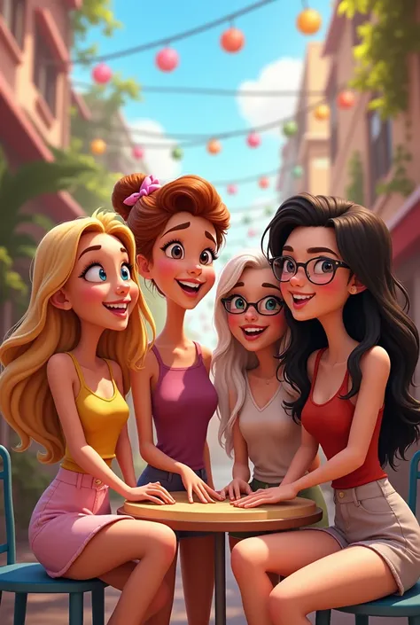 Animation Five Friends together one woman blond one woman Brown with glasses and long hair dark Brown one woman white with dark hair and glasses one woman with red hair and one man white with hair Brown 