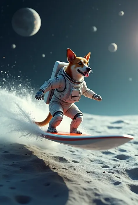  A dog in a space suit surfing on the surface of the Moon .  He carries a futuristic surfboard that floats centimeters above the lunar floor ,  and he is in a fun and dynamic pose ,  as if he were catching a big wave in space . In the background,  you can ...