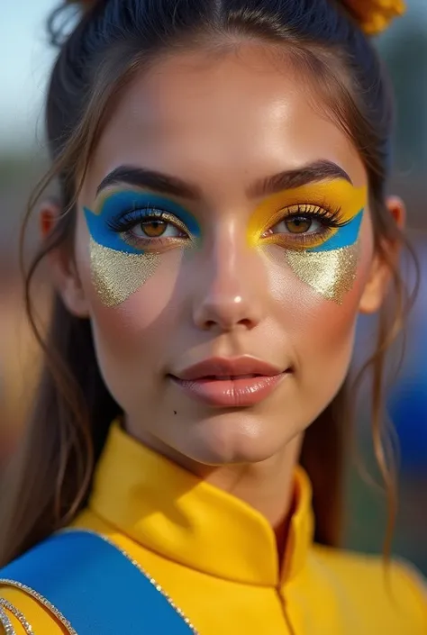 An easy-to-recreate makeup for marching band with blue and yellow and gold colors for a festival of glitter