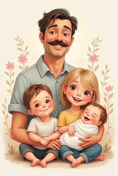 a man with a mustache next to twin one-year-old boys a three-year-old blond girl carrying a newborn baby girl, drawing style