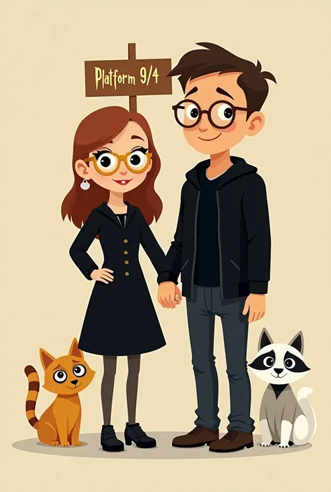 Create a graphic in the style of The Odd Parents, featuring the following:

A woman who is 165 cm tall, a light brunette, always dressed in black, and wearing glasses with gold frames.

A man who is 180 cm tall, a brunette, slim, with a receding hairline.
...