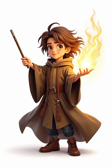 The boy is a wizard、 s、Yellow Eyes、Brown Hair、whole body、 Brown Robe、Leather shoes、 magic wand、White background