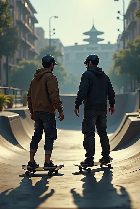 two skaters with their backs facing the skatepark 
