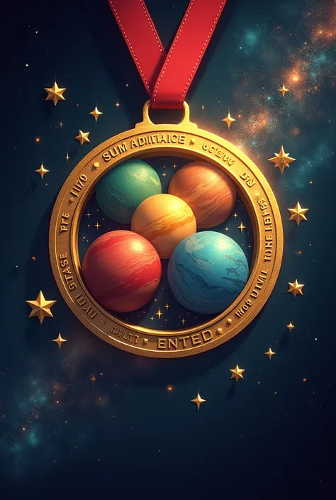  Gold medal containing four planets inside of red green yellow and blue , with many stars around and in the center 
 a phrase that says  "Guardians of Space"