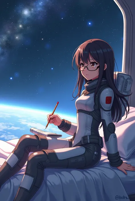 Anime girl, dark brown hair down, skinny glasses, brown eyes, space suit, pencil in hand, sitting down on space bed 