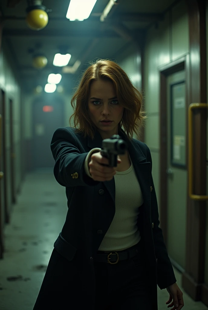 Hot thick terrified Sci fi Emma Stone holding a sci fi pistol on Ishimura Horror Space Ship photography, natural light, photorealism, cinematic rendering, ray tracing, the highest quality, the highest detail, Cinematic, Third-Person View, Blur Effect, Long...