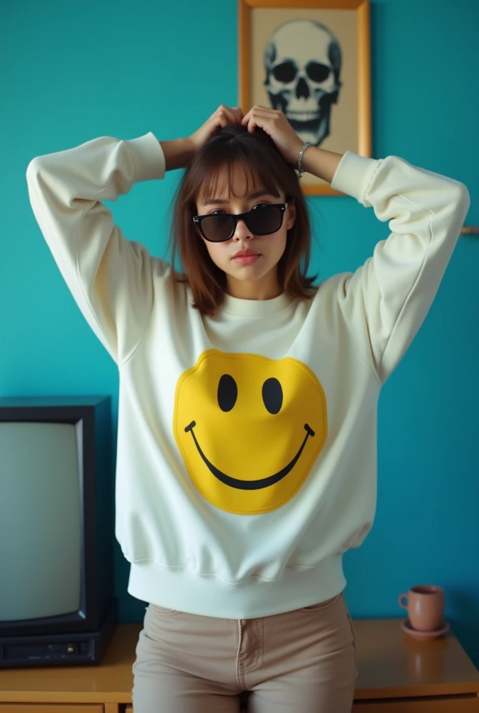 The image is a still from a music video. It shows a young  sexy woman wearing a white sweatshirt with a yellow smiley face on it. She is standing in front of a blue wall with a picture frame and a TV on it, with a skull on top of the TV. The woman is weari...