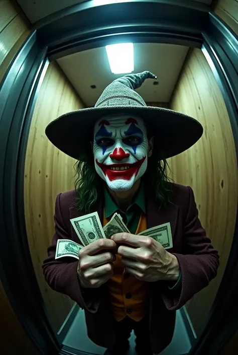 a 1x1 PS1 themed photo in fisheye mode of Heath Ledgers Joker from the dark knight movie with Gandalfs hat from the Lord of the Rings, PS1, pov: looking inside a len in fisheye inside a realistic elevator, holding and flexing money, photo for profile pictu...