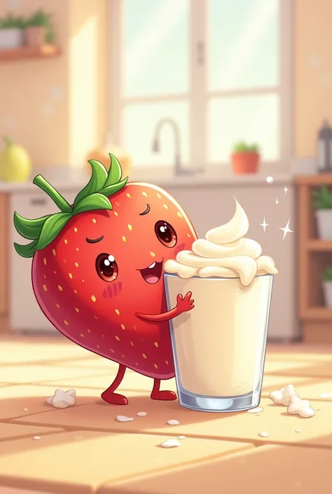 Create an animated strawberry with a face and a glass of cream
Do it more like anime