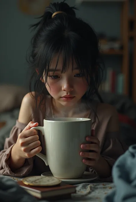 Ultra-Realistic, Lora, filipina teen girl, holding very Big cup of coffee. 
Messy bedroom, sleepy face, 