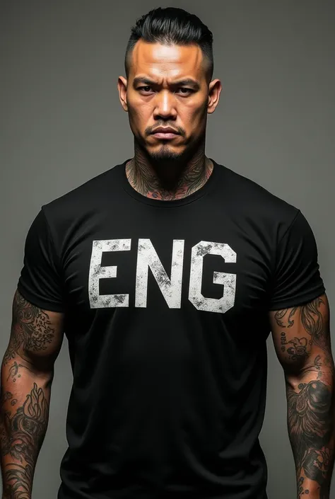 take a picture of a tattooed asian gangster guy with a little battered muscle in the neck of the gengster with a cold face in a black short-sleeved shirt that says “eng”