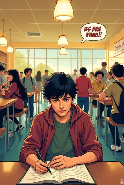 (comic dont make it too AI) A high school cafeteria during lunch. Charlie sits at a table, observing his classmates while writing in his journal.
