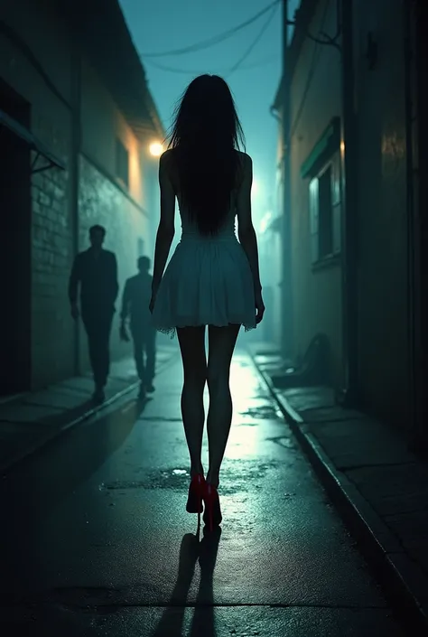 In a poster, an alley at night is shown, there is a silhouette of a female monster with a semi-short white dress and striking red heels, and along it you can see 2 small figures of men at the end of the alley.