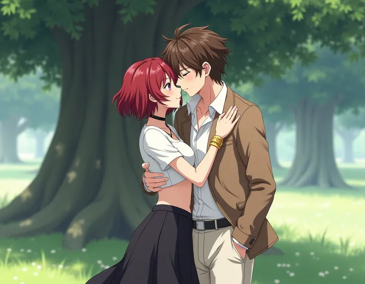 anime, a man kissing a woman ,  the woman hugging the mans neck , The two of them with their eyes closed ,  the adult anime woman with short wavy hair deep red, pale skin,  torn purple eyes , expression in love,  dressed in a short white shirt , a short sk...