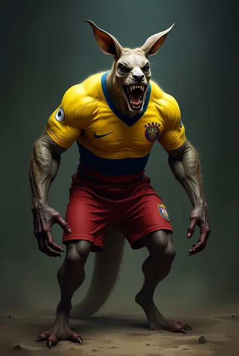 A muscular and evil kangaroo wearing the Colombian jersey 