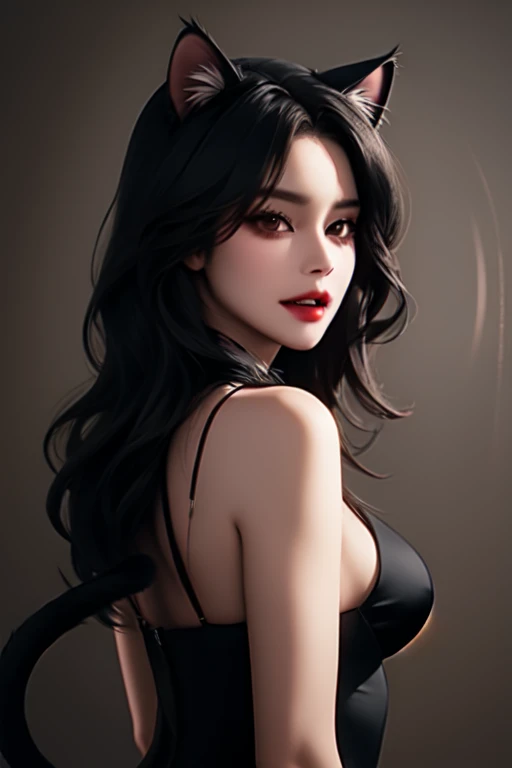 high quality, 8k, Ultra detailed, beautiful woman, long wavy black hair, brown eyes, cat ears and tail, fangs, demon horns