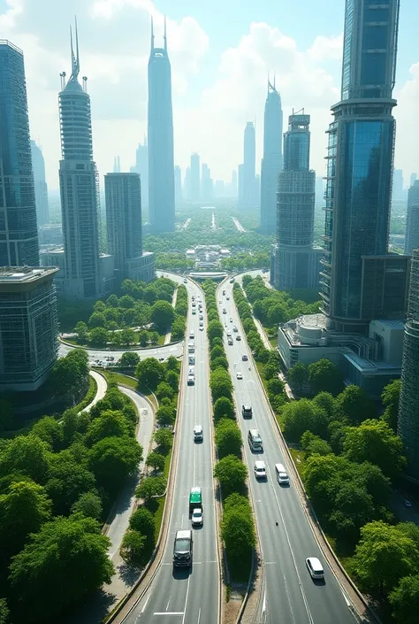  The smart city is a modern and green bustling place ,  with buildings surrounded by greenery .  The roads are paved with smart materials capable of self-cleaning,  while the means of transportation are zero-emission electric cars , glide gently through sp...