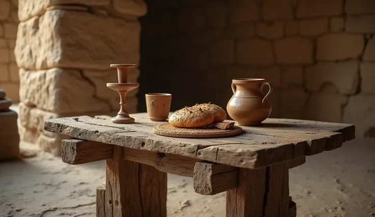 " A simple rustic table from the time of Jesus , made of wood,  placed in a stone or clay environment . on the table, There are breads and an earthenware jar next to a rustic wine glass.  The lighting is soft , with a warm touch of natural light ,  creatin...