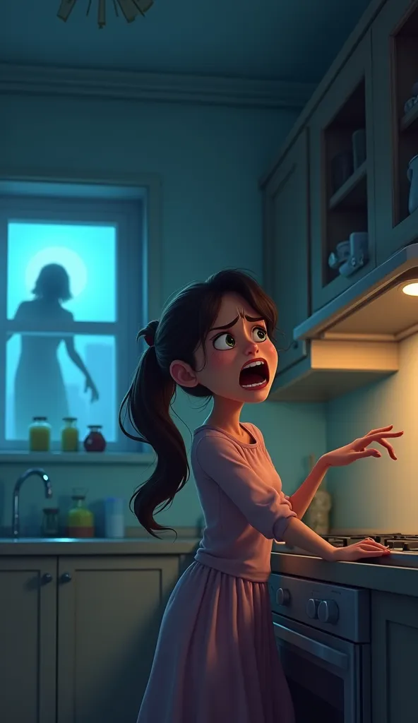 a pakistani girl of 25 years age with brown hair, pony tail hair style, kitchen in background, crying loudly, scary scene, ghost on wall, midnight scene, disney pixar style image
