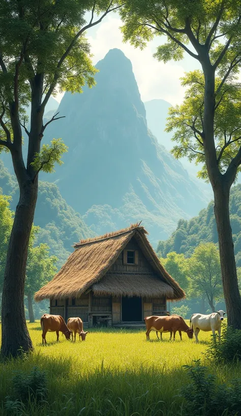 This image beautifully captures a serene rural landscape. It features a traditional thatched-roof hut under the shade of tall trees with sun rays peeking through the branches. In the background, there’s a mountain that adds a sense of grandeur to the scene...