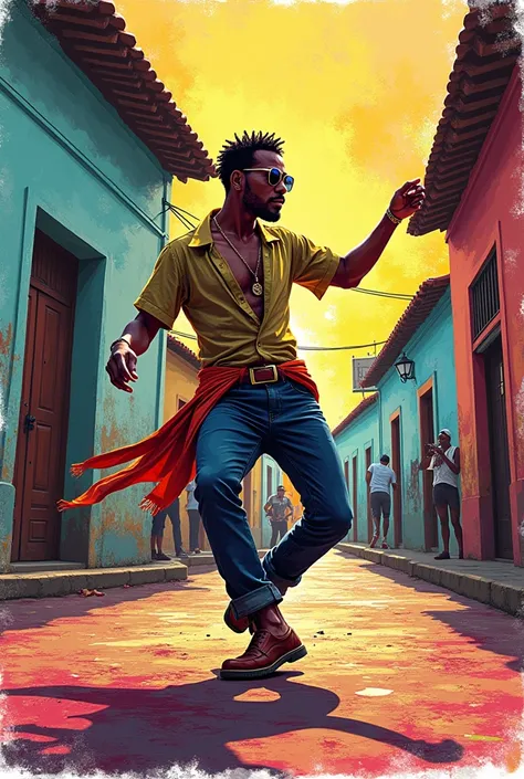  I want a vector image of the artist and dancer Maicon Jackson at Pelorinho in Salvador, The image must be 100% artistic in drawing format , Very colorful and must be written in Portuguese  "Only in Bahia do I put "