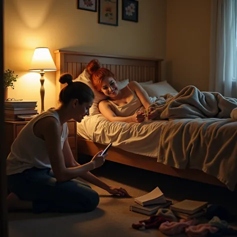  in a cozy yet slightly untidy bedroom, the warm glow of a bedside lamp casts a soft light over the scene. On the bed, a young woman of 19 reclines comfortably against a pile of pillows, her red hair neatly tied back in a sleek bun. She wears a simple whit...